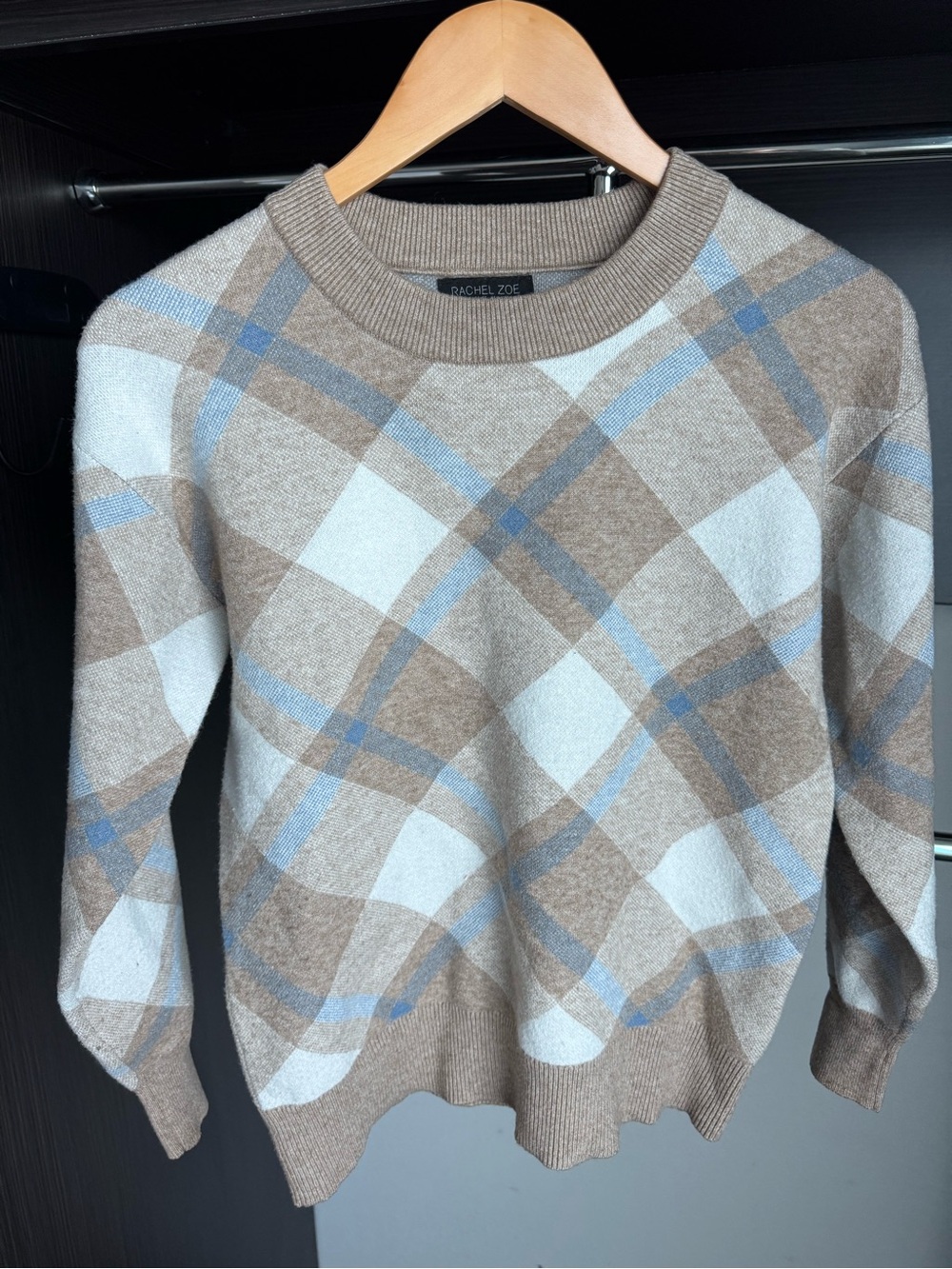 Rachel Zoe Men's Plaid Crewneck Sweater - Beige & Light Blue